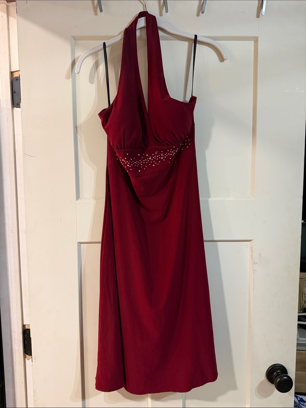 Halterneck Burgundy Evening Dress with Embellished Waist